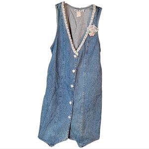 My Michelle Vintage 80's Denim Lace Trim Country Western Hearts Flower Dress 10